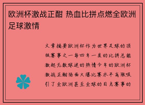 欧洲杯激战正酣 热血比拼点燃全欧洲足球激情