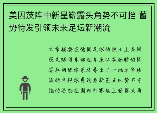 美因茨阵中新星崭露头角势不可挡 蓄势待发引领未来足坛新潮流