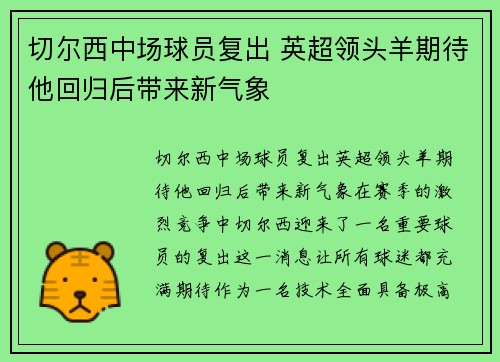 切尔西中场球员复出 英超领头羊期待他回归后带来新气象